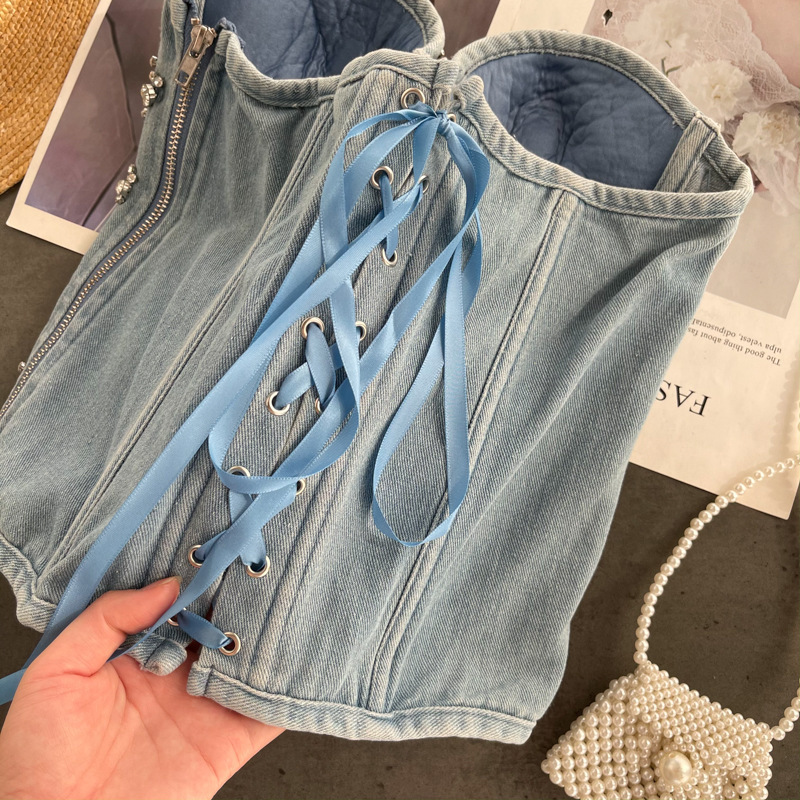 Women Denim Tube Top Diamond Beaded Strapless Vest Lace up Zipper Bustier Bra Night Club Party Tank Female Y749 220325