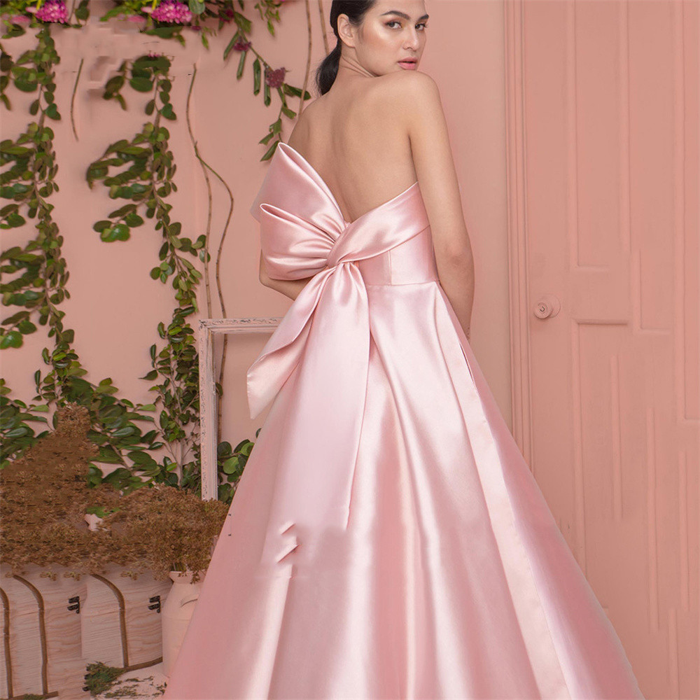 Pink A-line Prom Dresses Sexy Bateau Neck Satin Ruffles High Waist Sleeveless Strapless Bow Tie Appliques Elegant Sweep Train Evening Formal Dresses G