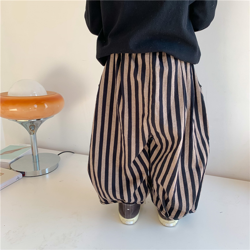 Spring Kids cotton linen loose bloomers Children fashion vertical stripe trousers 220512