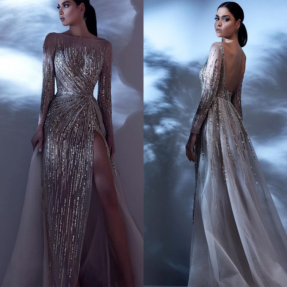 Sequins High Split Prom Evening Dress Long Sleeves Backless Lace A Line Bateau Custom Made Floor Length Bridesmaid Plus Size