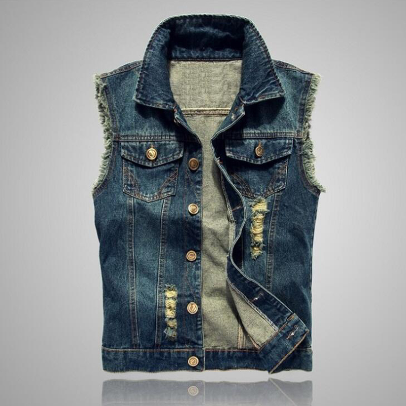 Denim Sleeveless Jacket Men Fashion Ripped Cotton Jean Vests Gilet Casual Jeans Waistcoat Cowboy Hip Hop Streetwear Clothing 220406