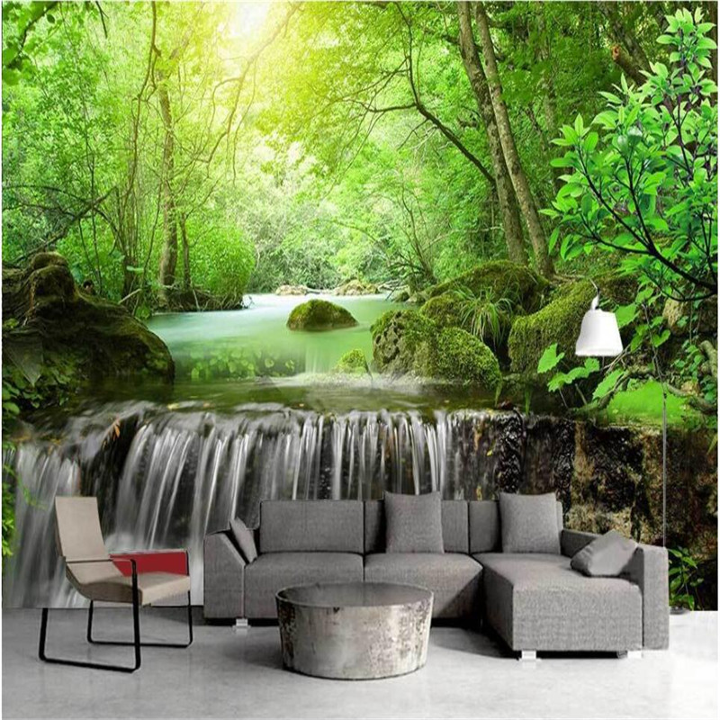 Sunshine trees green landscape water production financial TV wall background custom large fresco green wallpaper