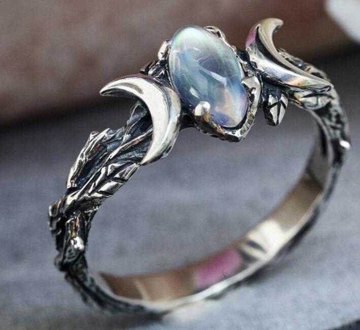 Vintage Silver Bohemian Jewelry Natural Moonstone Gemstone Moon Ring Engagement Party Wedding Jewelry Ring GC891