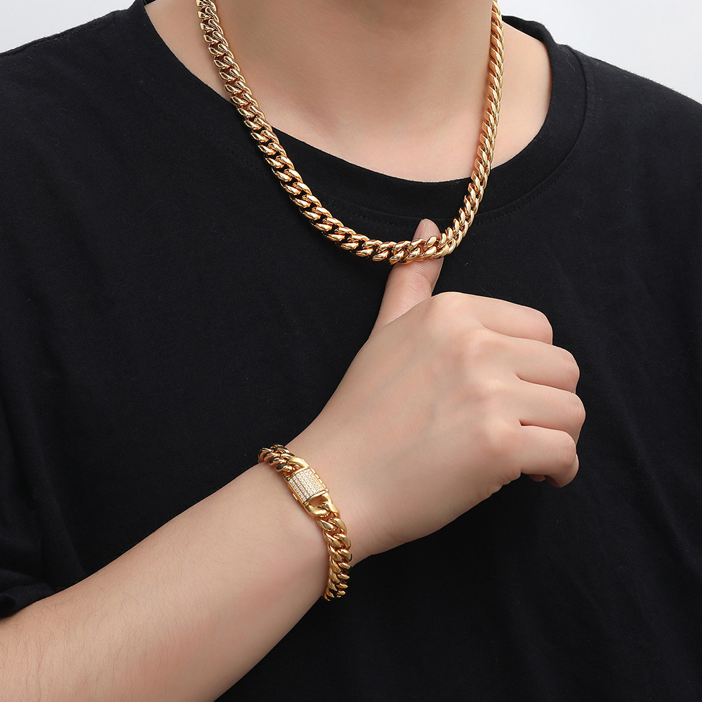 Cuban Link Chain Necklace Bracelet Set Heavy 18K Gold Plated Stainless Steel Metal Diamond Chain Choker Jewelry for Boys Girls