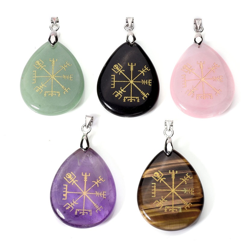 Viking Symbol Rune Vegvisir Compass Talisman Chakra Reiki Healing Crystal Teardrop Tumbled Gem Stone Pendant Necklace Jewelry