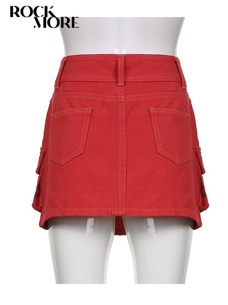 Rockmore Vintage WomenS Denim Skirt Pockets Low Waist Mini Skirt Korean Summer Streetwear Cargo Short Skirt E Girl Bottom 220701