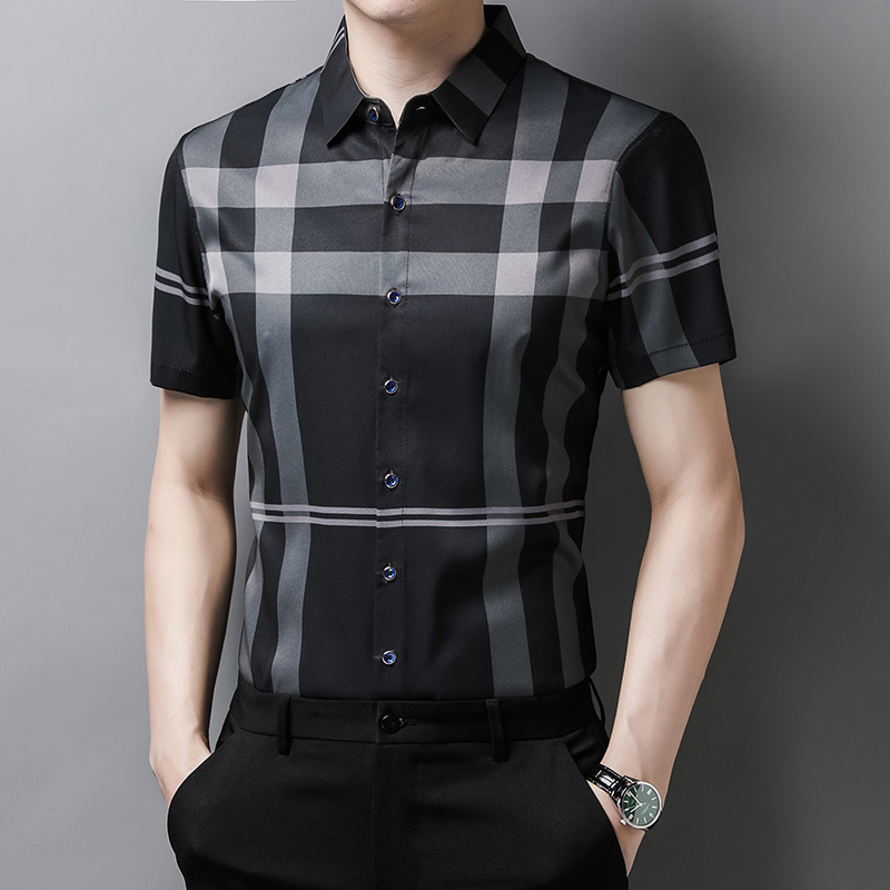 Plaid Shirt Men High Quality Silk Summer Short sleeve Casual Shirts Slim Fit Camisa Masculina Drop C748 220322
