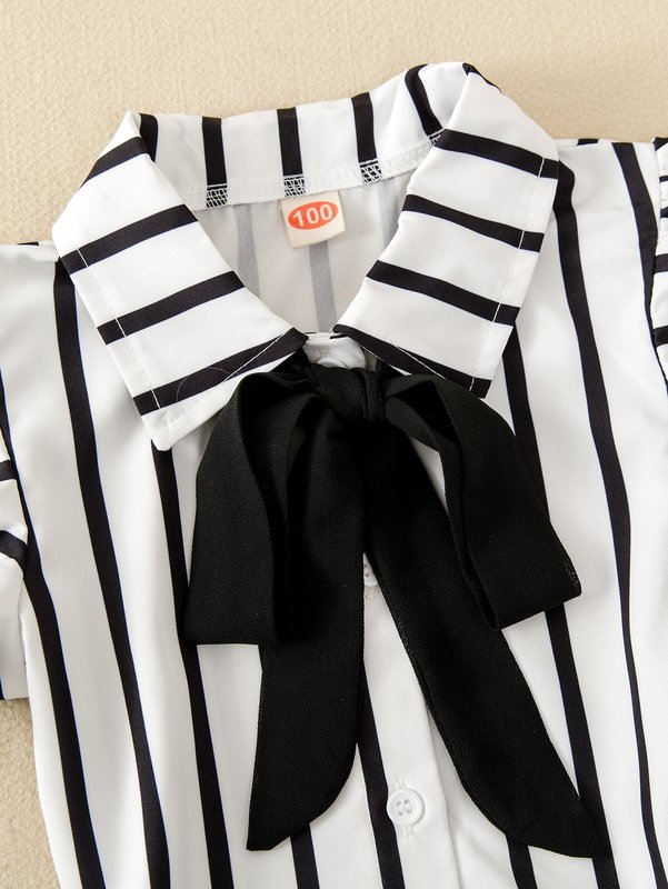 Toddler Girls Striped Ruffle Trim Bow Front Blouse & Mesh Overlay Skirt SHE