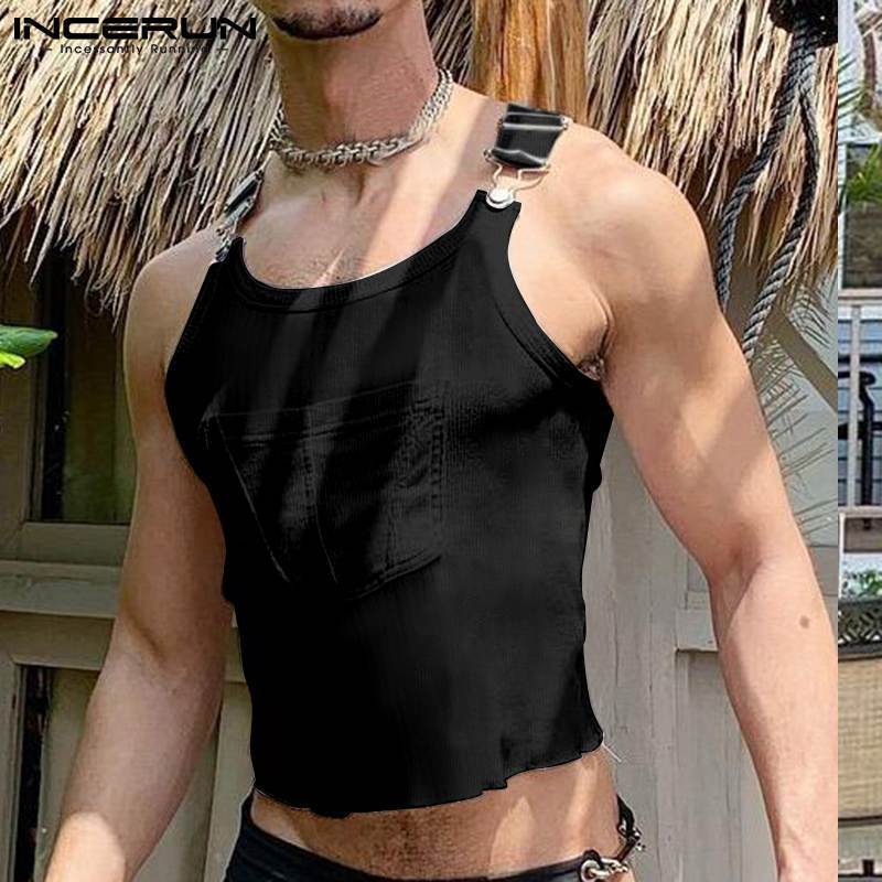 Fashion Men Tank Tops Oneck Solid Color Sleeveless Suspender Vests Men Skinny Pockets Streetwear Sexy Vacation Tops INCERUN 7 220620