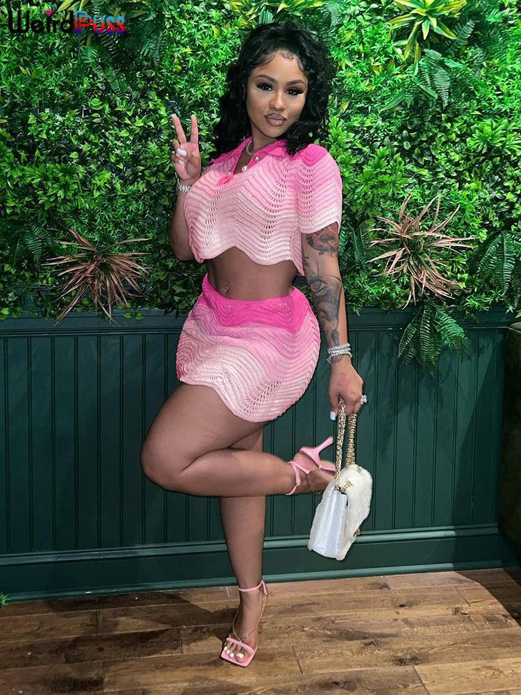 Weird Puss Knit Sexy 2Piece Set Contrast Color Patchwork Women Button Short Sleeve Crop TopSkirt Stretch Slim Vacation Matching 220602