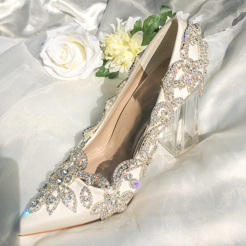 Wedding Shoes Bride Clear Heels Crystal Pumps Christmas Day Evening Party Luxury Queen Satin Silk 10cm Square Heel Plus Size 10 220328