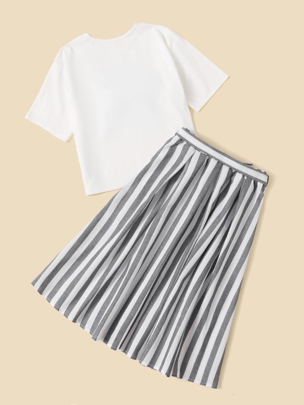 Girls Figure Graphic Bow Detail Tee And Striped Skirt Set SHE