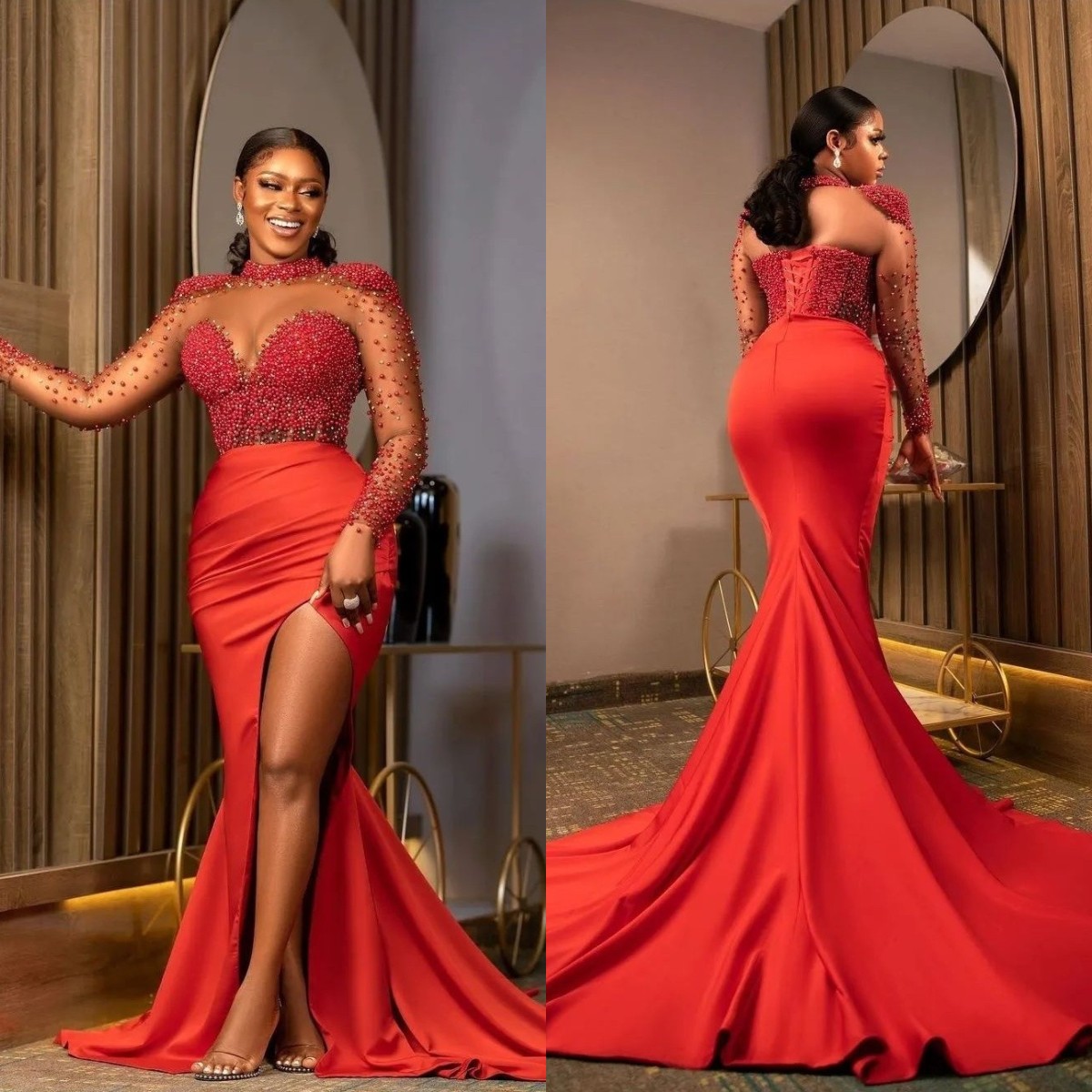 Luxury Red Pearls Evening Dresses for Women Lace up Mermaid Prom Gowns Long Sleeve Pleat Side Slit Party Dress vestido de novia, Dark red
Luxury Red Pearls Evening Dresses for Women Lace up Mermaid Prom Gowns Long Sleeve Pleat Side Slit Party Dress vestido de novia, Dark red