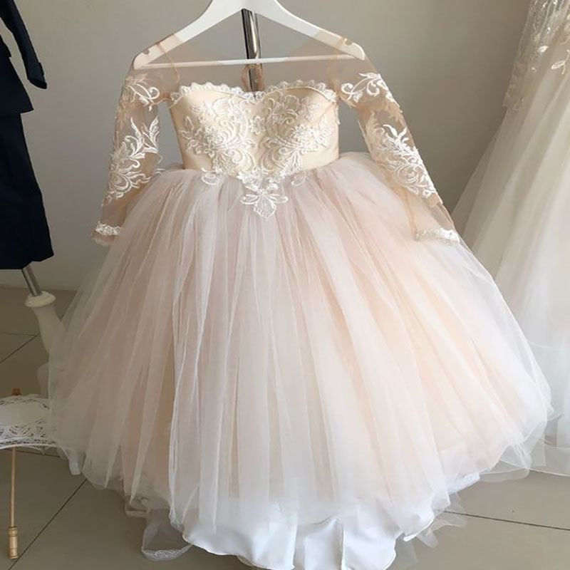New Flower Girl Dress Brithday Party Wedding Formal Pageant Dress Occasion Princess Tutu Appliqued Lace Bow Kids ceremonial first Holy communion girls