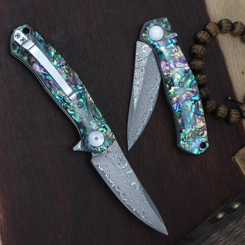 R4020 Pocket Folding Knife 76 layers VG10 Damascus Steel Blade Blue Abalone shell Handle Ball Bearing Flipper Fast Open Knives