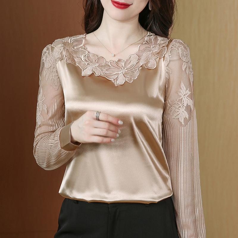 Womens Blouses Shirts M-4Xl Elegant Long Sleeve Lace Shirt Stitching Satin Blouse Fashion Women Flower Pullover Tops Casual Clothin