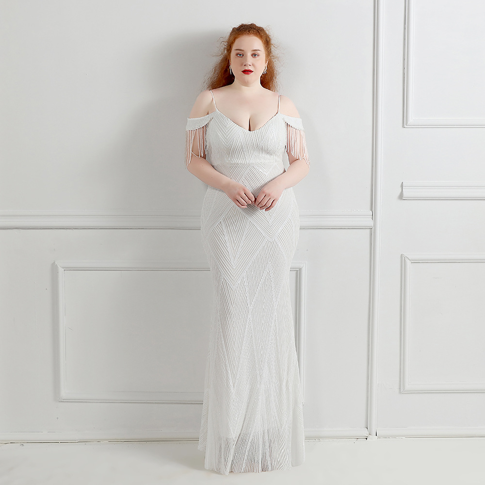 Plus Size Sequin Mermaid Evening Dress With Tassel Elegant Black White Burgundy Long Prom Dresses 2022 Spaghetti Straps Formal Robes Soiree Abendkleid