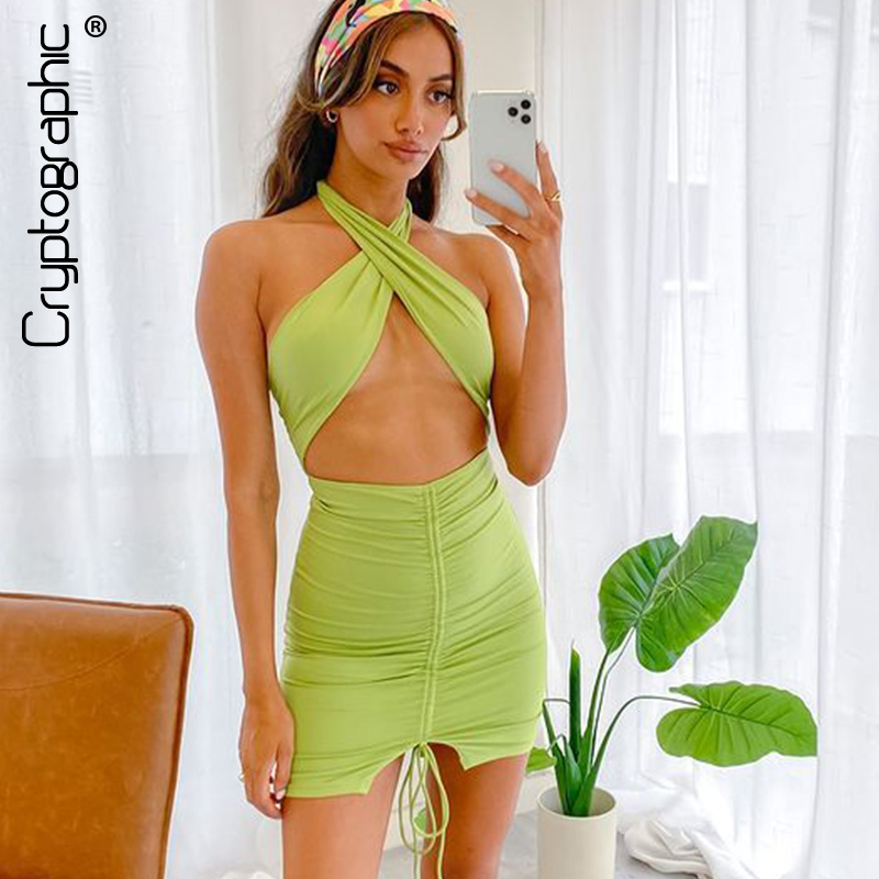 Elegant Drawstring Ruched Sexy Criss Cross Halter Backless Mini Dress Night Club Party Outfit Summer Solid Dress, Green
Elegant Drawstring Ruched Sexy Criss Cross Halter Backless Mini Dress Night Club Party Outfit Summer Solid Dress, Green