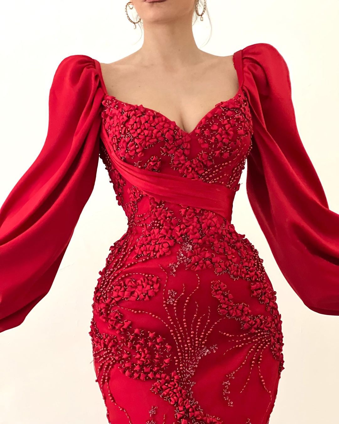 Exquisite Red Prom Dresses Sweetheart Puffy Long Sleeves Evening Dress Custom Made Lace Appliques Beading Party Gown Unique