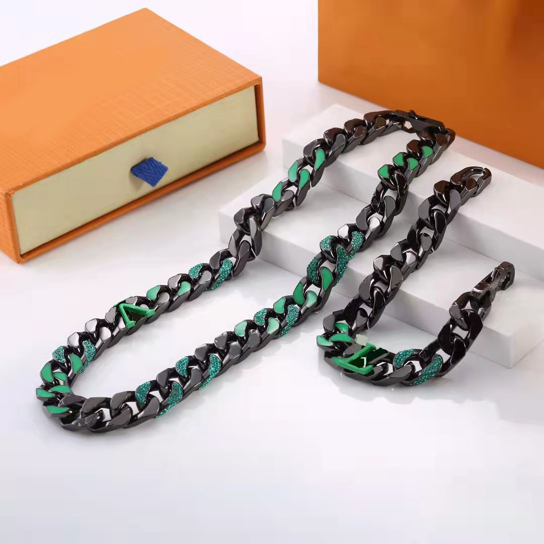Luxury designer necklace diamond-studded hip-hop bracelet men Cuban fashion jewelry with box, Deep green
