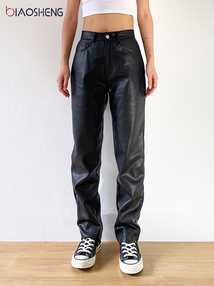 Cargo Pant Black Faux Leather High Waist Pockets Fashion Sexy Straight Trousers Streetwear 220325