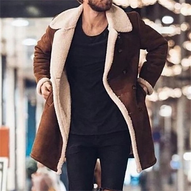 Fashion Men Fur Fleece Blends Brown Color Trench Coat Overcoat Lapel Warm Fluffy Jacket Outerwear Male Boy Warm Jacket 201222