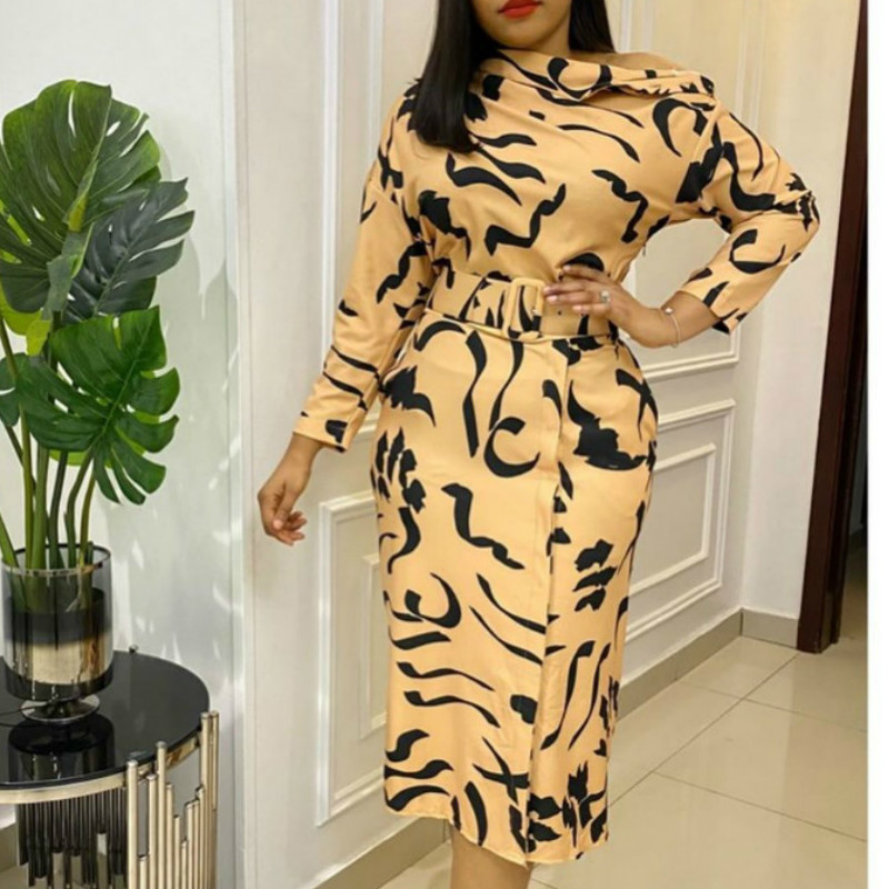 Women Print Dresses Elegant Office Ladies Long Sleeves Autumn Fashion with Wasit Belt Classy Female Vestidos Work Wear Lady 210303