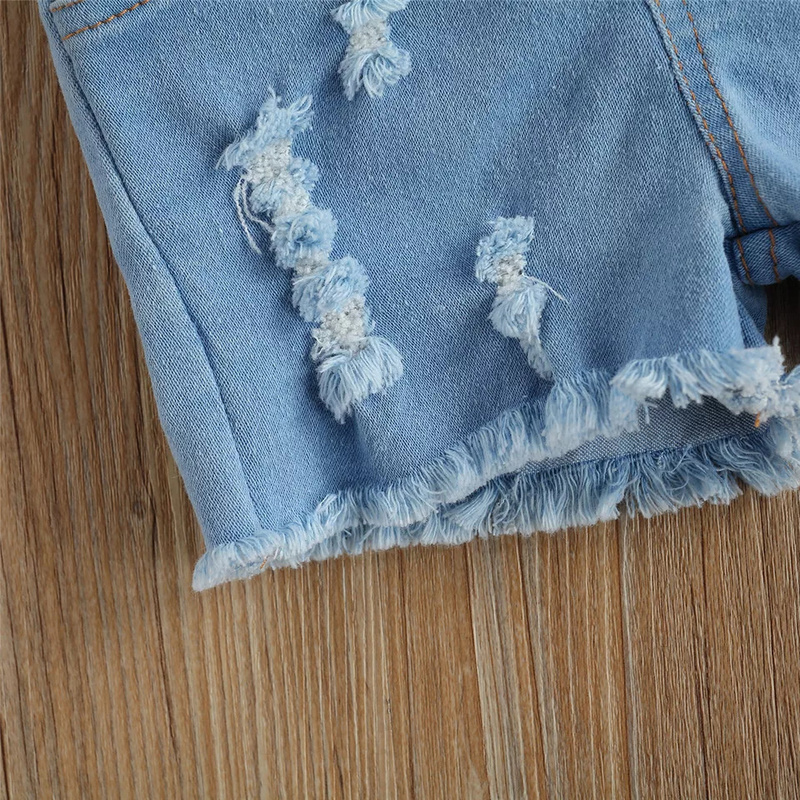 Baby Summer Clothing Girl Two Piece Set, Kid Single Shoulder Crop Tops Shirt Ripped Denim Shorts With Pockets For Children 220425