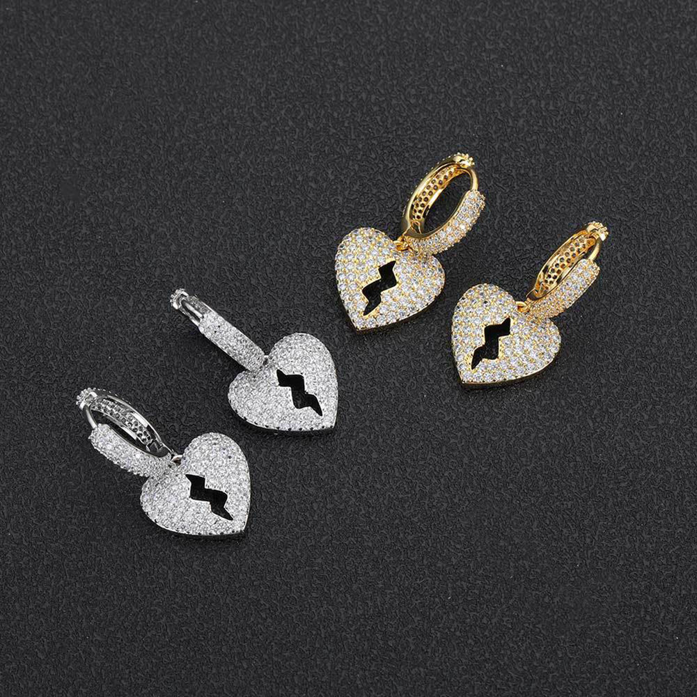 Hip Hop Heartbreak Dangle Earrings Bling White Zircon Hoop Earrings 18K Real Gold Plated Jewelry