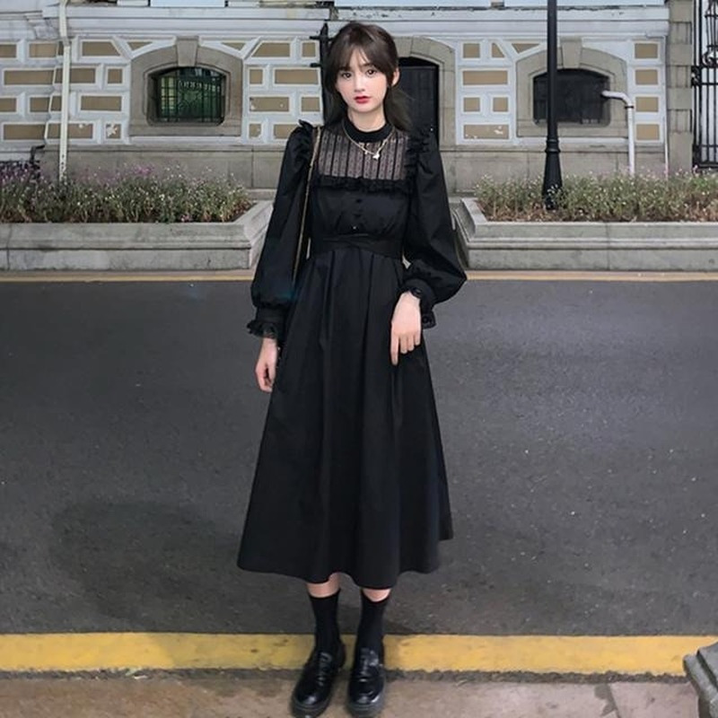 QWEEK Gothic Black Lace Dress Women Casual Elegant Party Midi Ruffle Long Sleeve Dress Emo Y2k Goth Clothes Spring Robes 220518