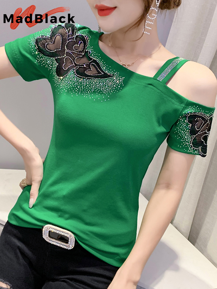 Summer Korean Style Cotton T-Shirt Chic Sexy Skew Collar Patchwork Mesh Love Shiny Diamonds Women Tops Short Sleeve Tees T16408A 220321