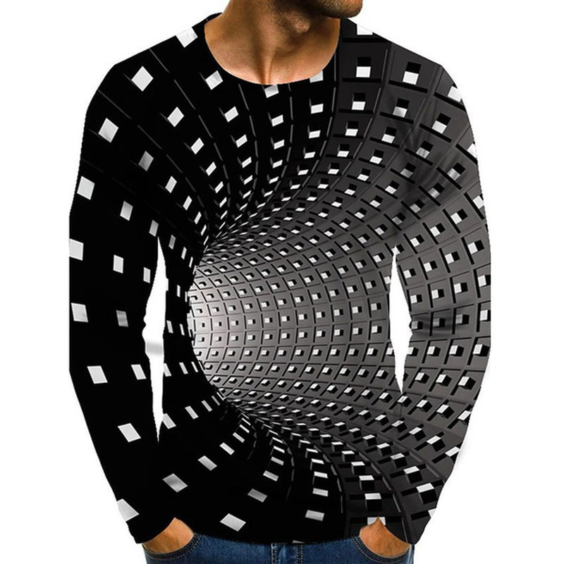 Men's Optical Illusion Graphic Plus Size T-Shirt Print Daily Long Sleeve Tops Exaggerated Around Neck Rainbow Streetwear 220601