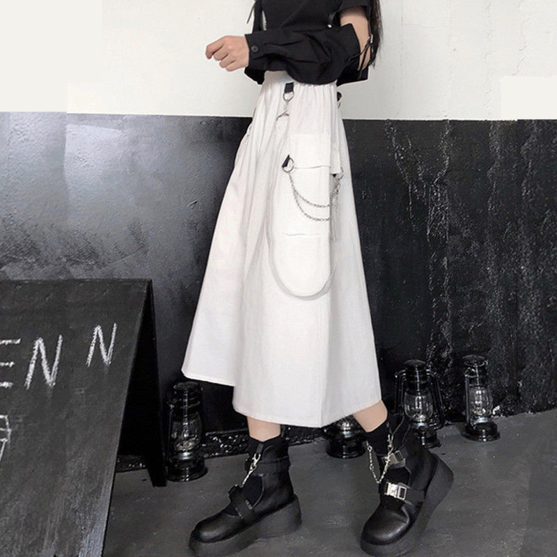 HOUZHOU Gothic Long Skirt Women Mall Goth Punk Chain Pocket Loose Strap Black High Waist Midi Grunge Harajuku Streetwear 220322