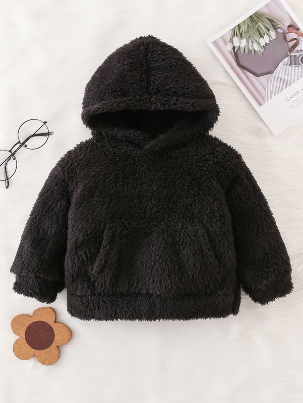 Baby Solid Kangaroo Pocket Teddy Hoodie SHE