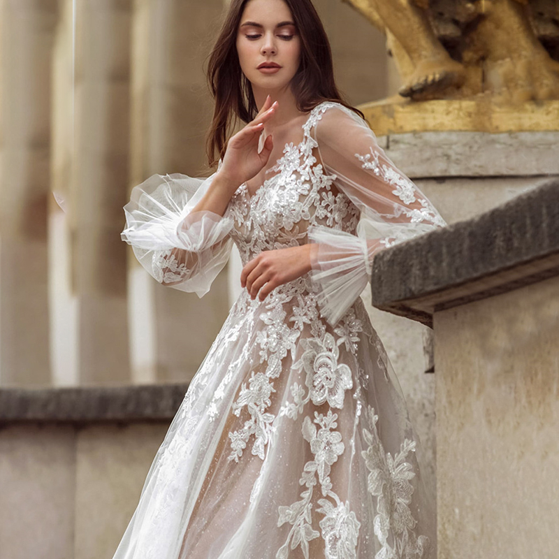 Sexy A-e Dresses Long Sleeves V Neck Appliqued Sequins Sweep or Length Hollow Elegant Tulle Lace Boho Wedding Gowns Plus Size