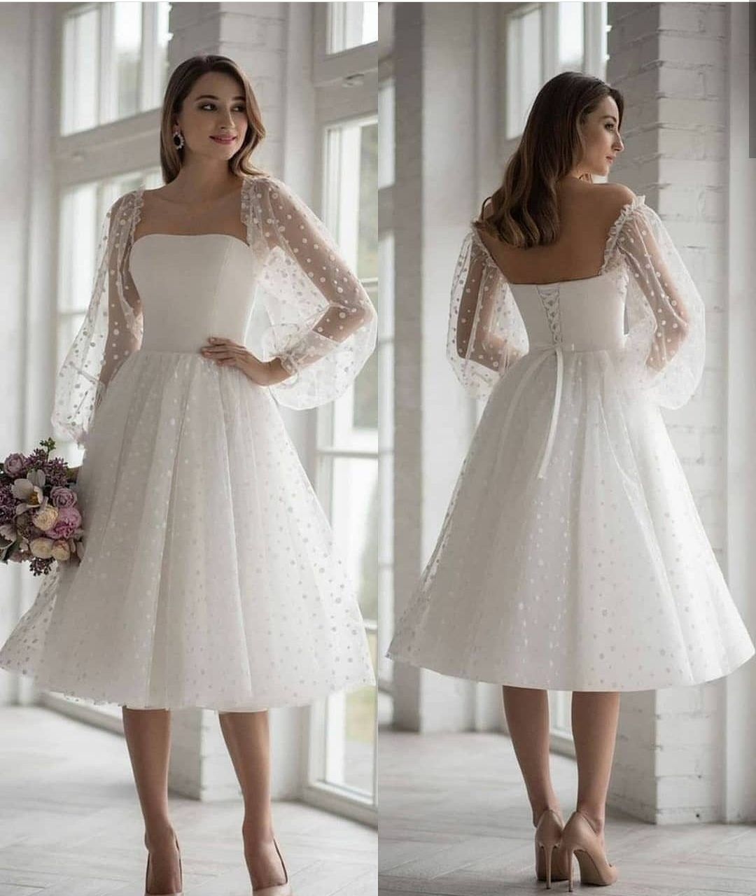 Beach Wedding Dress Short Long Sleeve Ankle Length Point Net Lace Up Back Custom Made Strapless Robe De Mariee Bridal Gowns