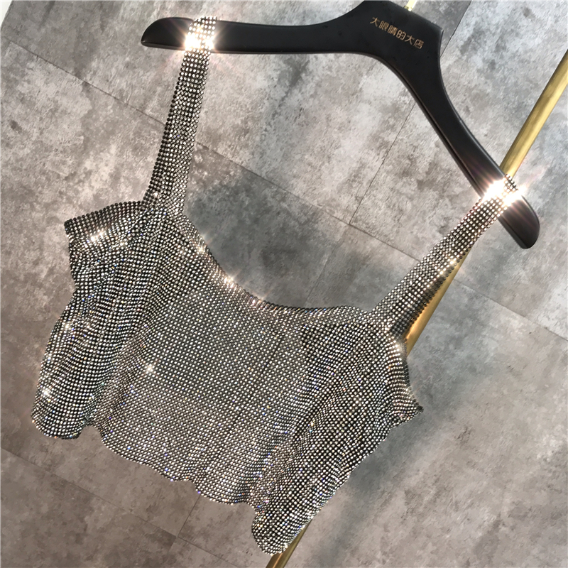 New fashion womens sexy club party full rhinestone patched bck hollow out shinny bling spaghetti strap vest crop top tank camisole