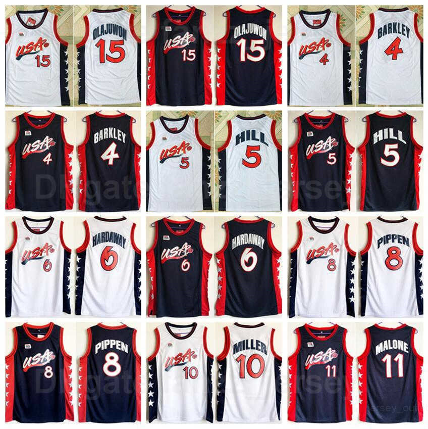 1996 US Three Basketball Scottie Pippen Jersey 8 Charles Barkley 4 Penny Hardaway 6 Hakeem Olajuwon 15 Karl Malone 11 Grant Hill 5 Reggie Miller 10 Blue White, 4 navy blue 
1996 US Three Basketball Scottie Pippen Jersey 8 Charles Barkley 4 Penny Hardaway 6 Hakeem Olajuwon 15 Karl Malone 11 Grant Hill 5 Reggie Miller 10 Blue White, 4 navy blue