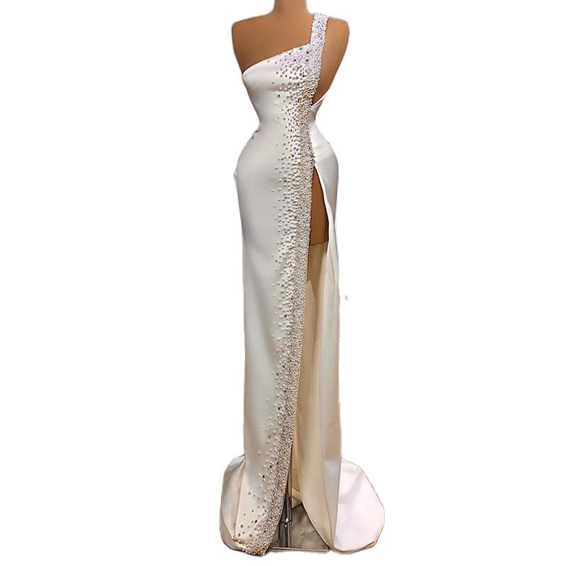 Elegant White Mermaid Prom Dress One Shoulder Hand Beaded High Split Evening Gown Party Women Robe De Soiree