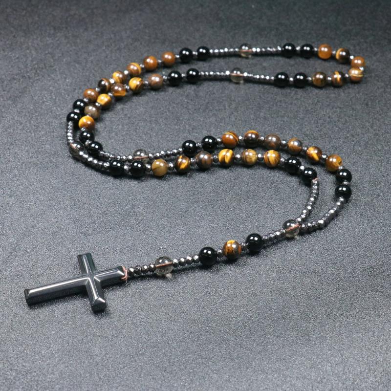 Pendant Necklaces Natural Tiger Eye Beaded Necklace For Women Men Catholic Christ Rosary Hematite Cross Male JewelryPendant
