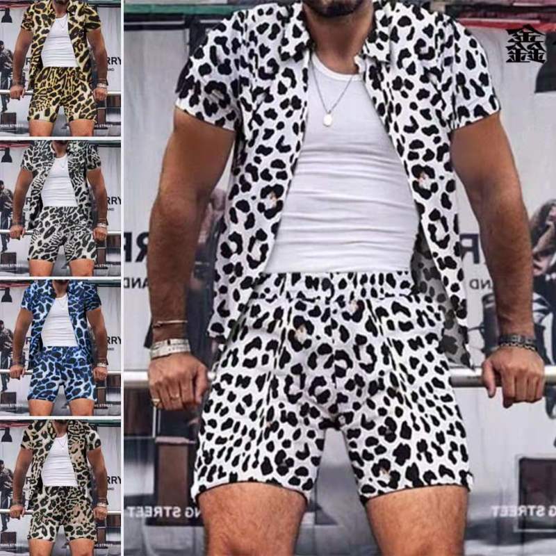 Leopard Tiger Print Sets Men Casual Hawaiian Short Sleeve Shirts Shorts Suits Quick Dry Beach 2 Pieces Plus Size 220621