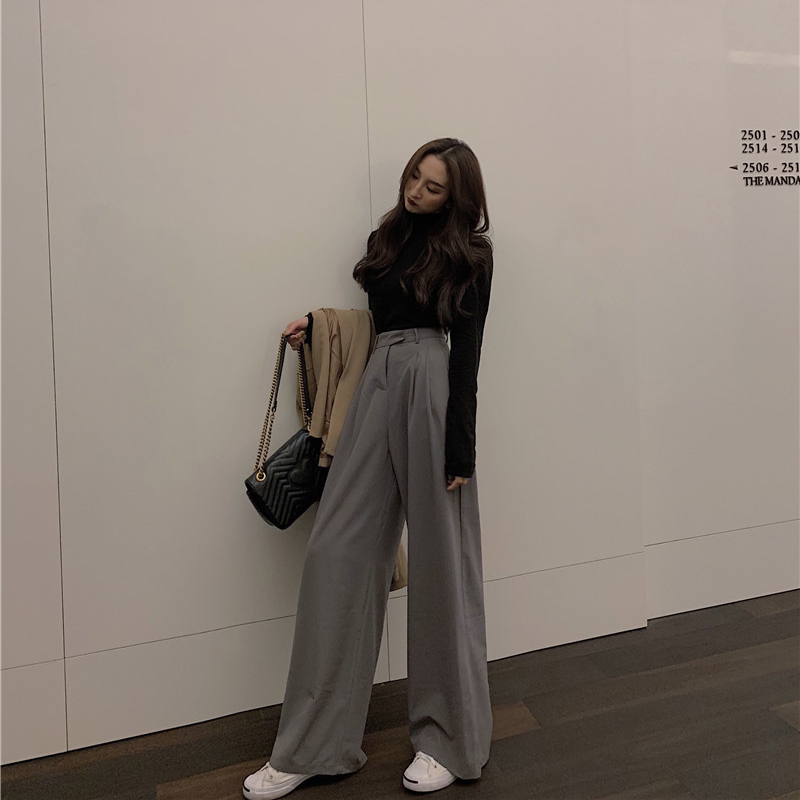 Women Loose Summer Pants Soft Ice Silk Ankle-Length Black Wide Leg Grey Khaki High Waisted Trousers stacked pants 220325