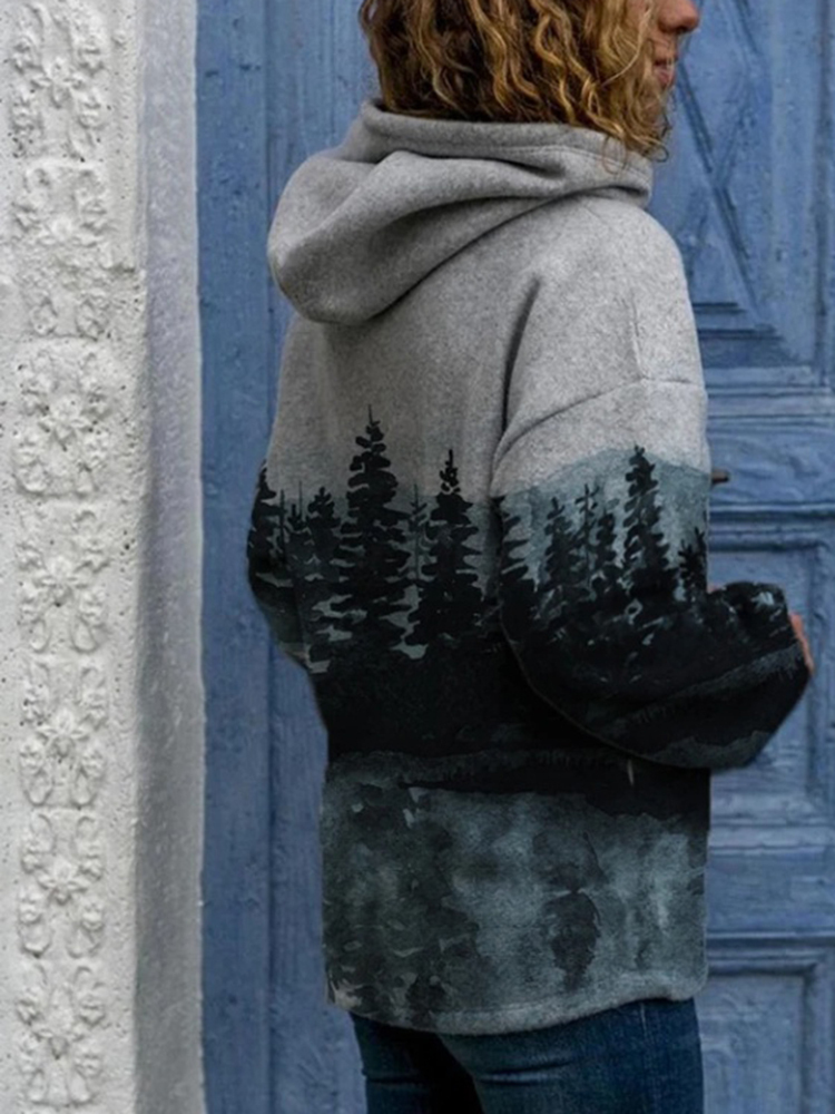 Womens Round Neck Casual Hoodie Sweatshirt Long Sleeve Mountain Landscape Printed Plus Size Tops & T-Shirts Autumn and Winter 220321