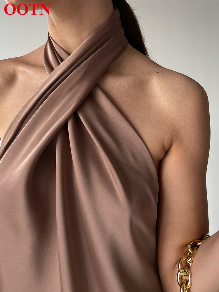 OOTN Sexy Cross Backless Halter Dress Evening Elegant Satin Classic Dress Fashion A-Line Brown Robes Femme Silky Summer 220511