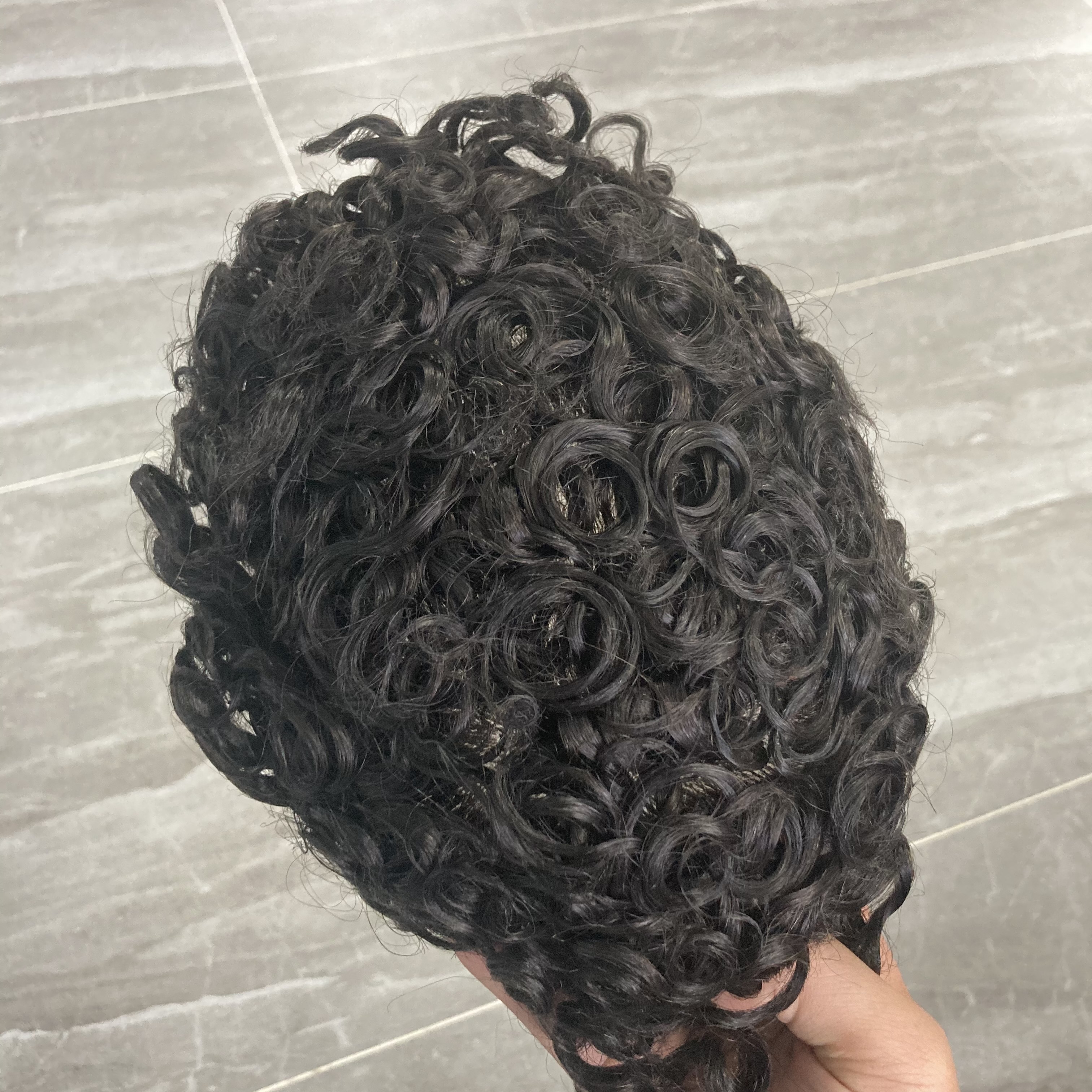20MM Curly Durable Skin Base Brown Men's Wig Real Human Hair Toupee Replacement System #1B Color 8x10inch