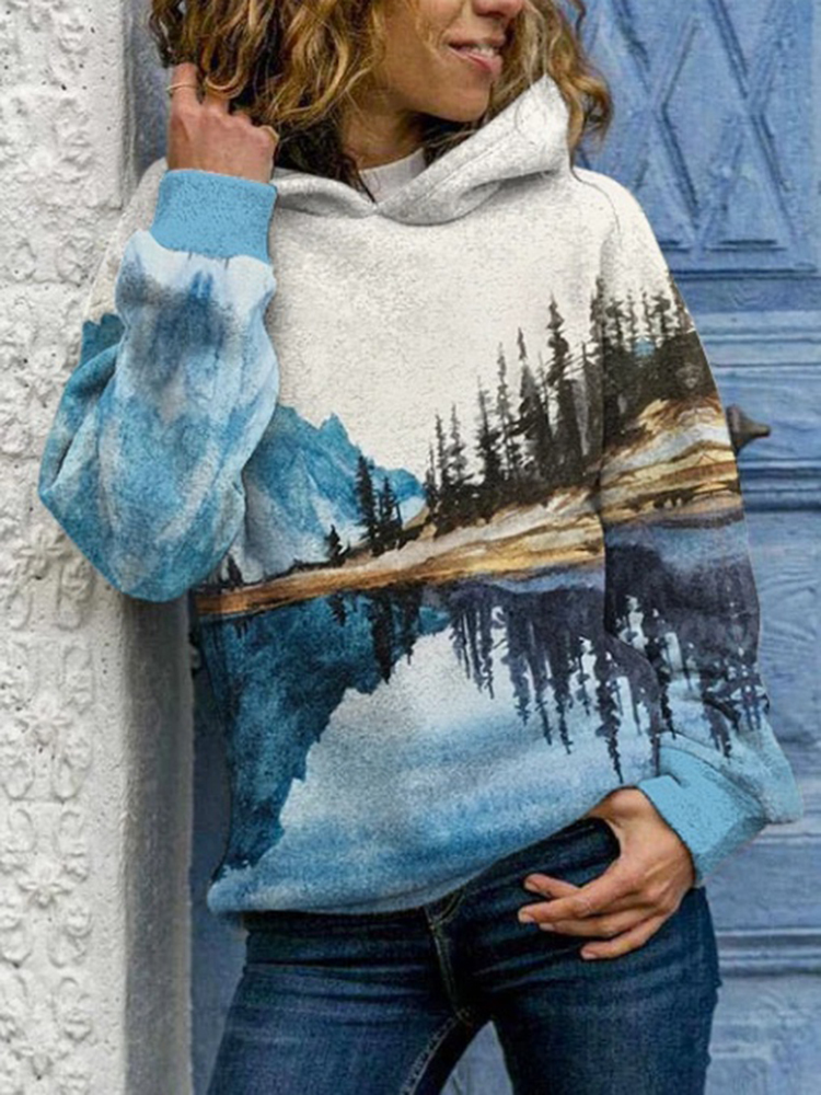 Womens Round Neck Casual Hoodie Sweatshirt Long Sleeve Mountain Landscape Printed Plus Size Tops & T-Shirts Autumn and Winter 220321