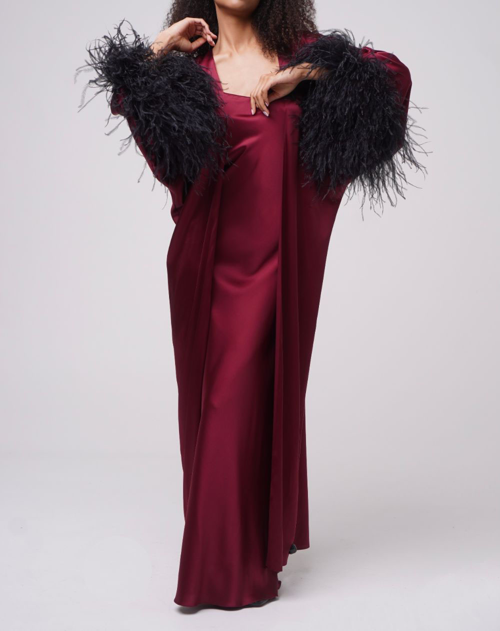 Burgundy Satin Silk Party Sleepwear Dresses Women Long Maternity Feather Robes Custom Made Robe Evening Dress