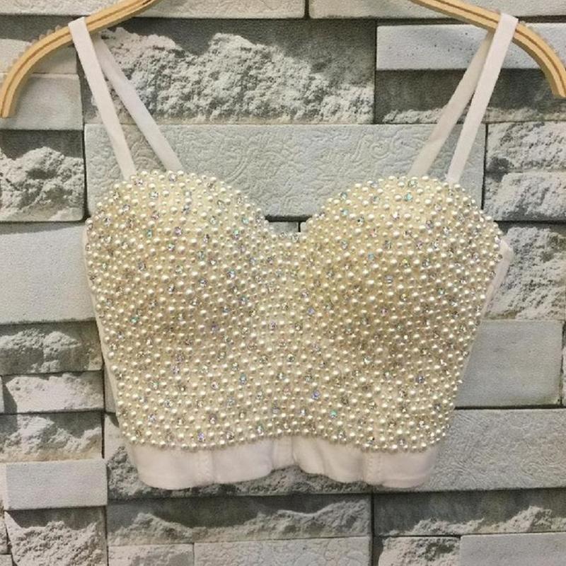 High-Quality Hand-Made Pearls Jewel Diamond Bralet Women's Bustier Bra Cropped Top Vest Plus Size w1165 220316