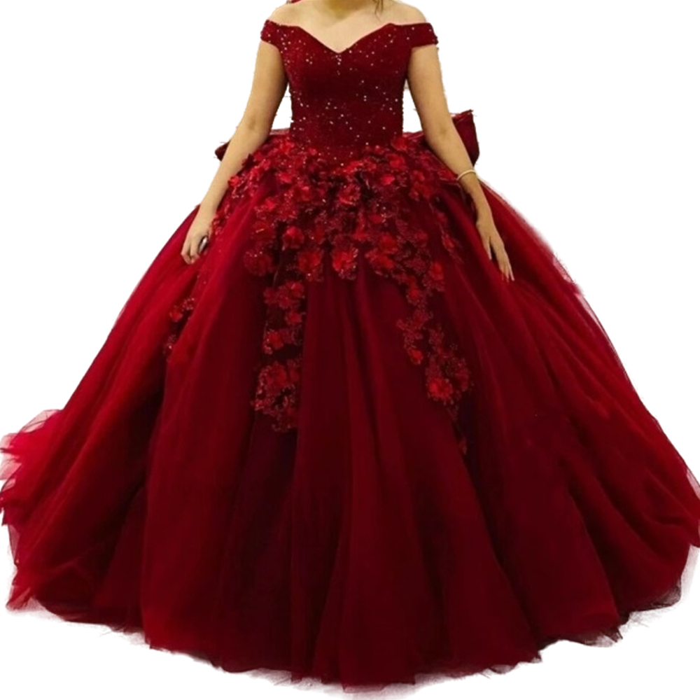 Dark Red Flowers Princess Quinceanera Dresses With Big Bow Back 3D Floral Glitter Sequined Top Off Shoulder Prom Ball Gown Sweet 15 16 Years Formal Pa