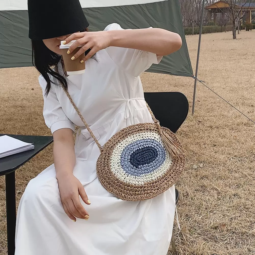 Women Summer Leisure Woven Bag Straw Rope Crossbody Bag Vacation Beach Color Splicing Vintage Tassels Round Shoulder Bag Handbag, Sky blue
Women Summer Leisure Woven Bag Straw Rope Crossbody Bag Vacation Beach Color Splicing Vintage Tassels Round Shoulder Bag Handbag, Sky blue